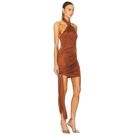 GAUGE81 Riga Halter Slinky Dress in Chestnut Brown Large New Womens Cocktail - Picture 2 of 16